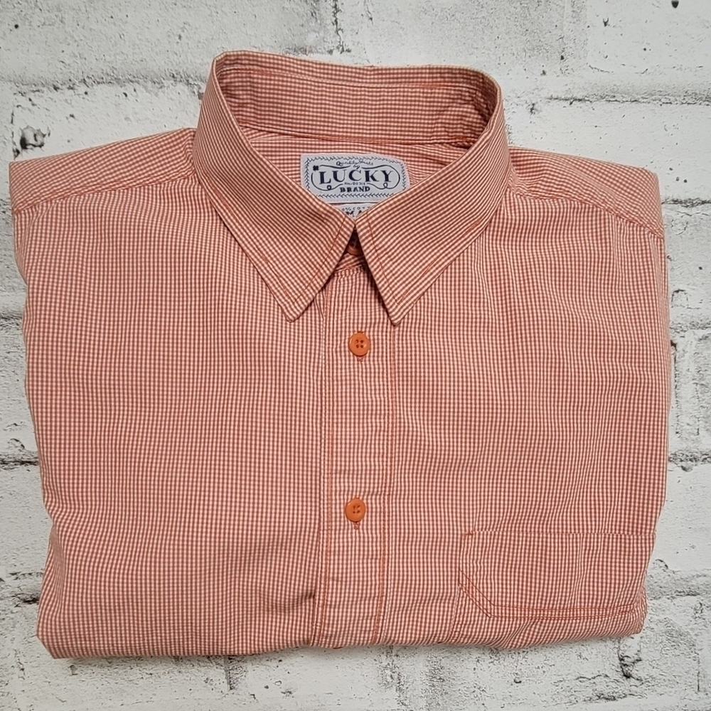 Lucky Brand Mens Button Down Shirt Small Salmon Stripe Long Sleeve Cotton - Picture 2 of 8